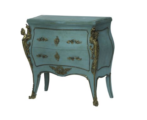 A green painted gilt metal mounted bombe two drawer commode on splayed supports, with female bust mount, 97cm wide.  Illustra