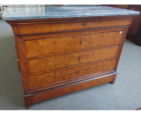 A 19th century French marble top commode with a figured walnut five drawer base, 130cm wide. 
