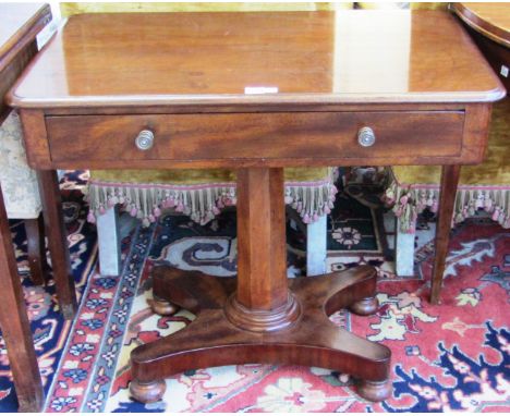 A William IV mahogany single drawer side table on quatrefoil platform, 82cm wide.