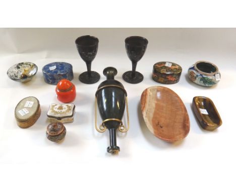 A quantity of hardstone dishes, a pair of lacqured metal and mother of pearl inlaid wine glasses (12cm high), several papier 
