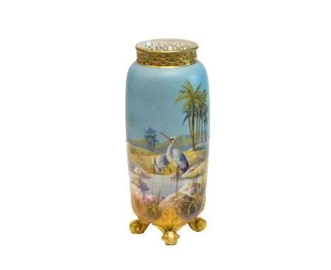 A Royal Worcester vase by Walter Powell, circa 1905, of cylindrical form, panted with storks wading in pools with palm trees 