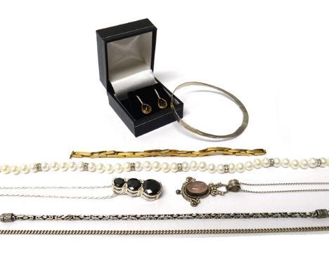 A pair of 9ct gold, citrine and diamond set earrings, with a case, a freshwater cultured pearl necklace, a lady's expanding w