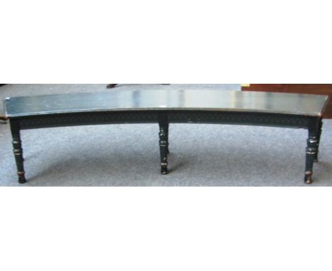 A 19th century painted curved bench on six turned supports with paper label to underside, Marsh, Jones, and Cribb,  170cm wid