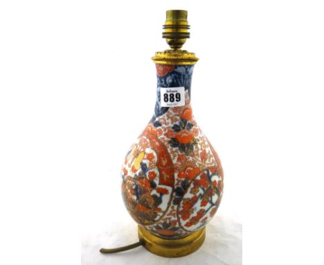 A Japanese Imari bottle vase, Meiji period, painted with panels enclosing baskets of flowers, (a.f),  22cm.high, adapted as a