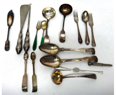 Silver, Foreign and plated flatware, comprising; two King's pattern tablespoons, London 1827 and 1830, a Scottish sauce ladle