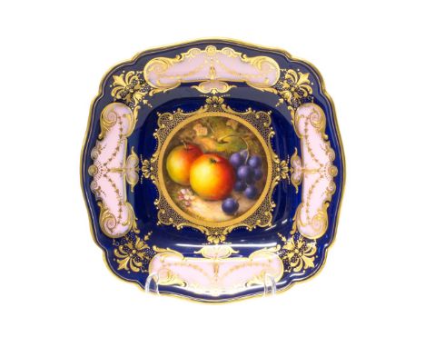 A Royal Worcester fruit painted shaped square dessert dish by Richard Sebright, circa 1928, painted with a central circular p