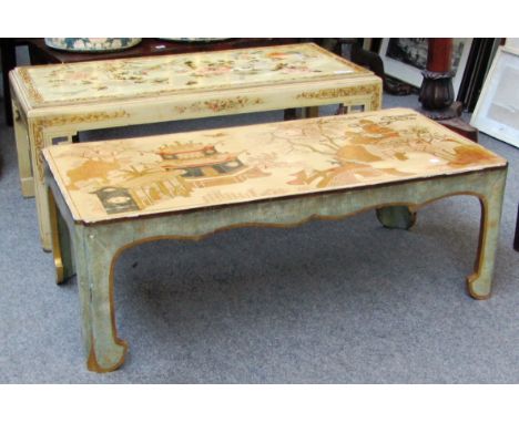 A 20th century cream lacquer rectangular coffee table on block supports, 100cm wide together with another similar, 100cm wide