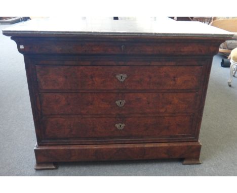 A 19th French marble top commode with figured walnut five drawer base, 125cm wide.
