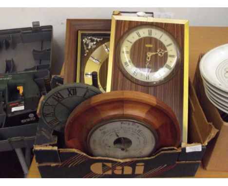 Various clocks to include a circular wall barometer 