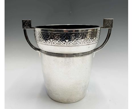 A silver plated WMF ice bucket, 1930s, with Celtic knot decorated border and handles, height 24cm, diameter 27.5cm.Condition 
