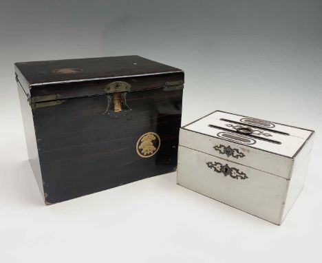 A late 19th/early 20th century French correspondence box, the lid with two slots 'Repondues' and 'a repondre', height 11.5cm,
