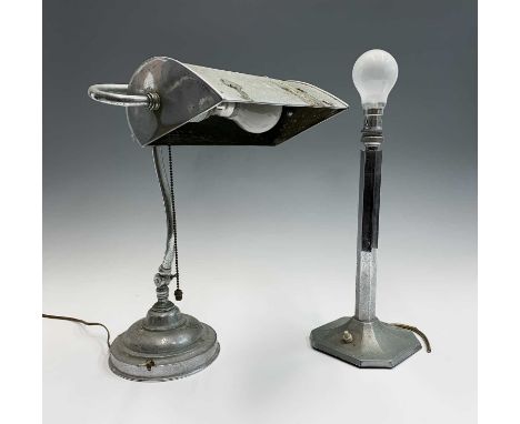 An Art Deco chrome adjustable banker's lamp, on circular weighted base, height 38cm, together with a chrome table lamp (2).Pr