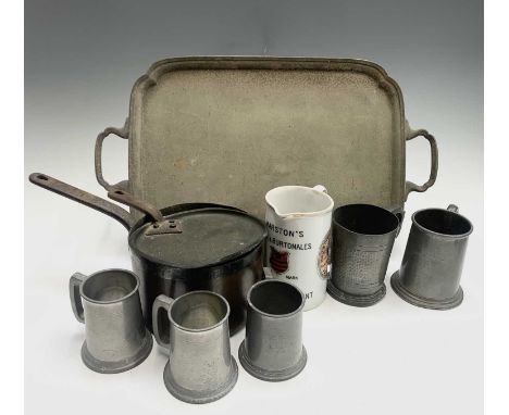 A copper saucepan with lid, five pewter tankards, a plated tray, and a 'Marston, Thompson &amp; Evershed Ld., Brewers' cerami