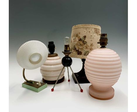 A mid century Atom style table lamp with painted spheres, height 20.5cm (excluding bulb) together with two ink glass table la