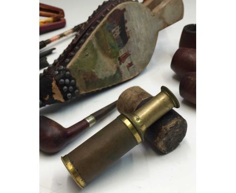A plain Meerschaum pipe, cased, length 17.5cm, other pipes, a single draw brass telescope and a pair of painted bellows (box)