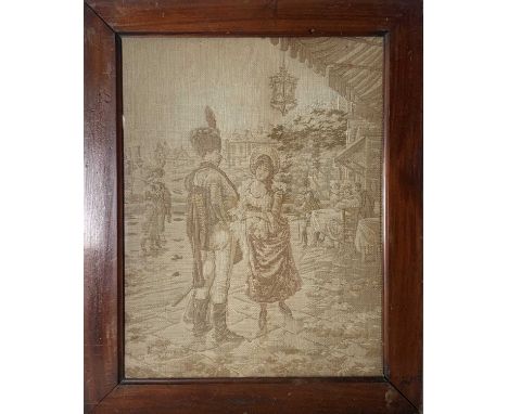 A framed silk embroidered panel of a pretty Georgain lady lying across a rainbow, together with two other framed tapestry typ