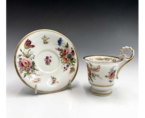 A miniature Nantgarw cabinet cup and saucer, circa 1820, painted in polychrome enamels with floral sprigs and gilded, with mo