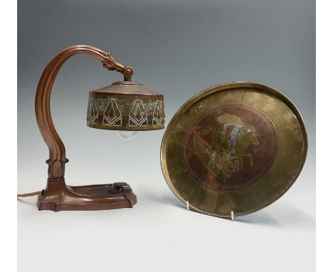An Art Deco copper and copper finish desk lamp with original embossed shade, height 28cm, together with an interesting Art De
