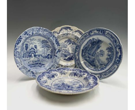 Four 19th century blue and white transfer printed shallow bowls to include a Spode 'Castle' pattern bowl, impressed mark to b