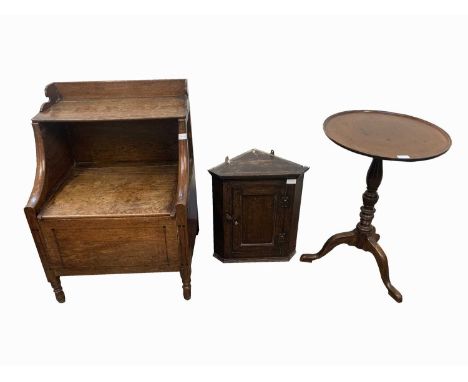 A Georgian oak corner cupboard, of small proportions, height 49cm, width 43cm, a 19th century oak commode, height 79cm, width