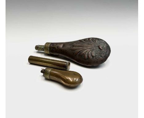 A 19th century copper and brass small powder flask, length 8cm, another powder flask and a military brass grease container, w