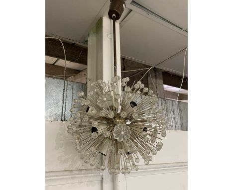 A mid-century sputnik type ceiling light, fitted with multiple lamps and baubles, diameter approximately 42cm, together with 