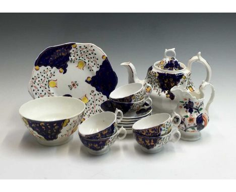 A 19th century Gaudy Welsh tea service comprising tea pot, six tea cups, six saucers, a cake/sandwich plate, a slop bowl and 