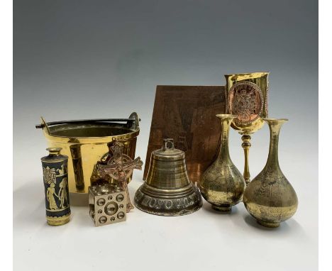 A Russian copper mounted brass goblet, 19th century, applied with portrait roundels and medallions, height 21.5cm, together w