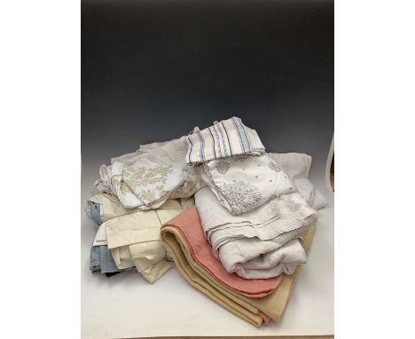 A good pink and cream vintage wool blanket, a good large white woven throw, with two sets of white embroidered bedlinen (duve