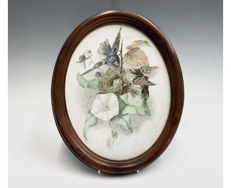 A Victorian oval ceramic plaque hand painted with birds by a nest, foliage etc, framed. 35cm x 27.5cm.