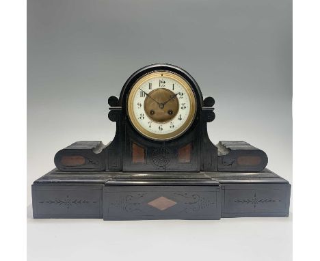 A Victorian ebonised wood and simulated marble inlaid mantel clock, with white enamelled chapter ring, width 52.5cm.