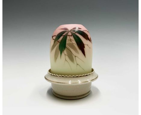 An S Clarke's patent fairy pyramid pottery light holder, circa 1900, with Thomas Webb Queen's Burmese ware painted shade, ove