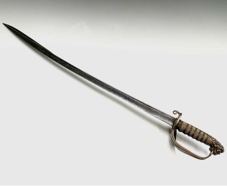 A British Royal Navy officers 1827 pattern sword, with 74.5cm pipe back blade, solid brass hilt with fouled anchor in relief 