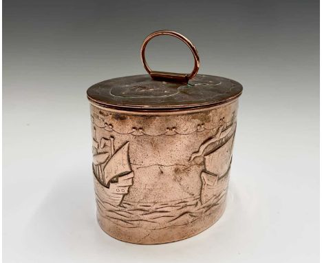A Newlyn copper oval tea caddy, the pull off cover with shell decoration, the main body repousse decorated with three sailing