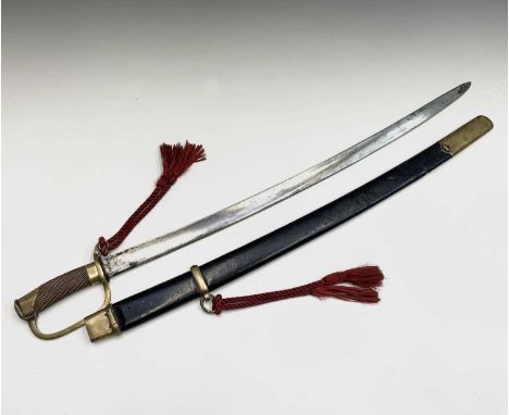 A 19th century European sword, with a slightly curved blade, brass stirrup hilt and writhen wood grip, brass mounted leather 