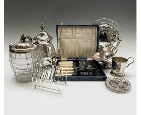 A quantity of plated wares to include a coffee pot, a sugar helmet with scoop, six coasters,a folding cake stand, a biscuit b