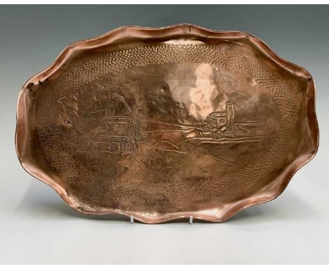 An Arts and Crafts Eustace Brothers, Hayle copper tray, engraved with engine houses and a tin mine, width 42cm.