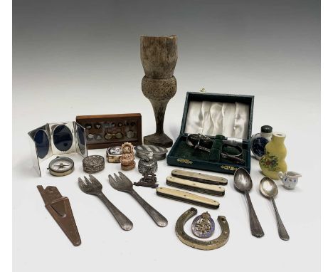 A box of curios to include a copper Cornish engine house bookmark inscribed 'Marjorie', height 14cm, a hallmarked silver four