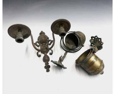 A pair of brass gimbal light brackets, 20th century, with dolphin supports, width 22cm, together with a twin branch brass wal
