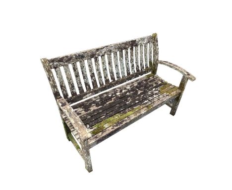 A wooden garden bench. Height 93cm, width 139cm, depth 70cm.