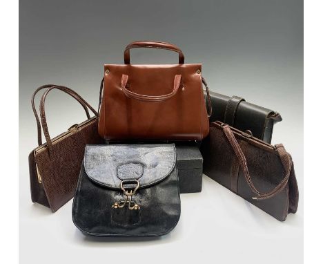 A 1940s 'Riviera' lizard skin handbag retailed by Beards of Cheltenham, a similar Mappin &amp; Webb handbag, three other vint