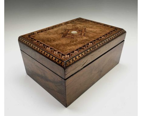 A Victorian walnut, crossbanded and inlaid sewing box, with fitted lift-out tray, width 31cm.Condition report: Good condition