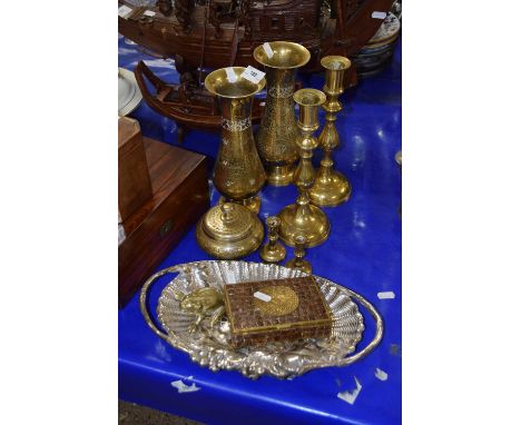 Mixed Lot: brass vases, candlestick, and other items
