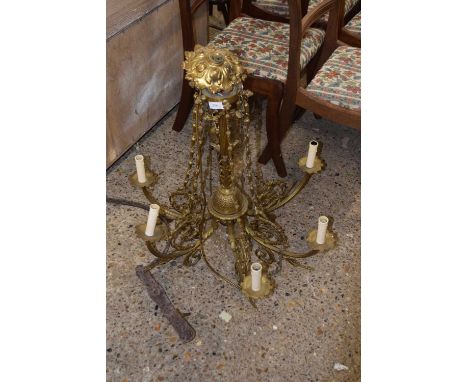 20th Century gilt brass six branch ceiling light fitting with scrolled foliate decoration, 70cm wide, 75cm high