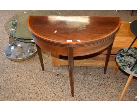 19th century mahogany D-shaped card table with cross banded detail and baize lined interior