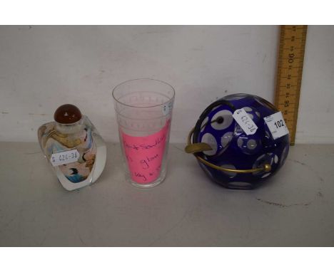 20th century Chinese opium bottle together with a further blue glass sugar basin and a Boston &amp; Sandwich glass with Greek