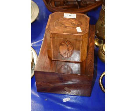 Small Georgian tea caddy with shell inlaid decoration together with a further hardwood box (2)