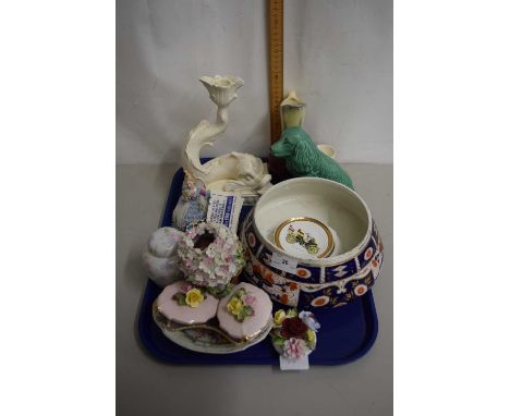 Tray of mixed items to include a Wedgwood candlestick of Doulton form, a Silvac pottery dog etc