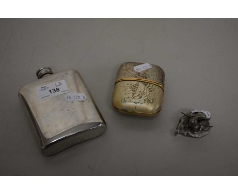 Hip flask, a travel clock and a small pewter figure (3)