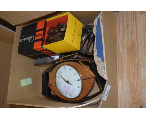 Box of mixed items to include various coinage, cutlery, vintage mantel clock etc